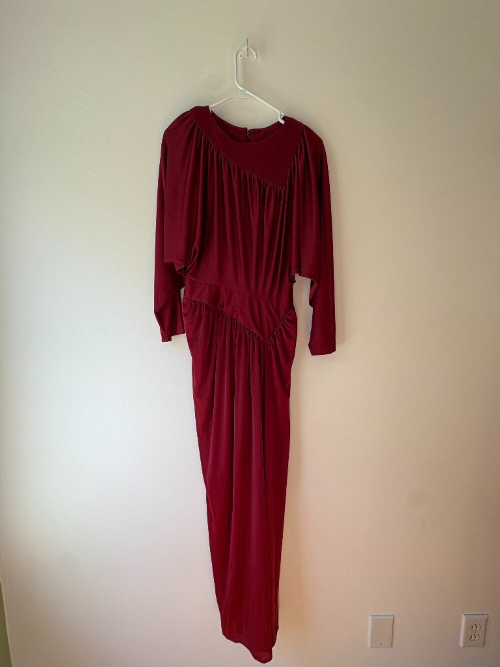 Vintage 70s Jack Bryan Burgundy Asymmetric Pleated Dolman Sleeve Maxi Dress - 10